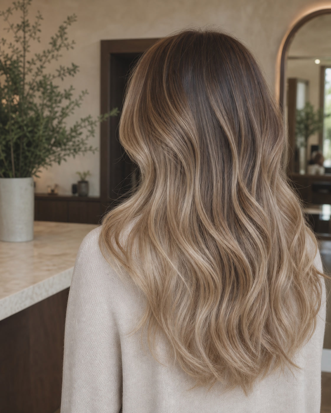 Illustrativt billede af langt hår med en blød beige balayage.