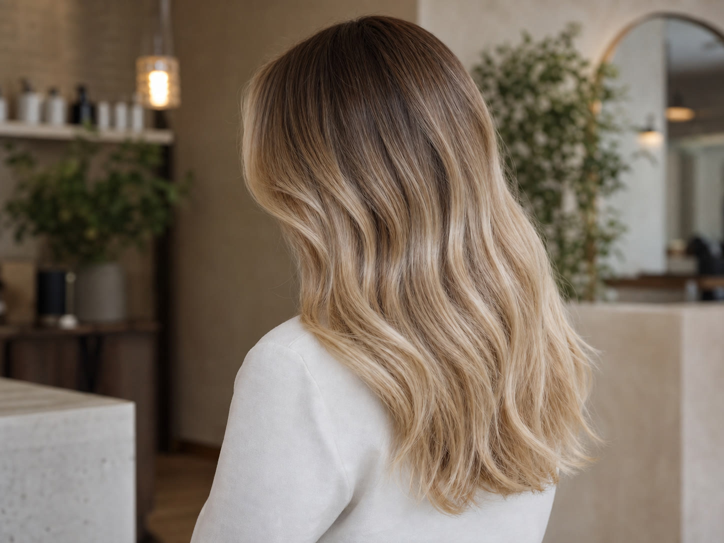 Illustrativt billede af langt hår med en blød beige balayage.